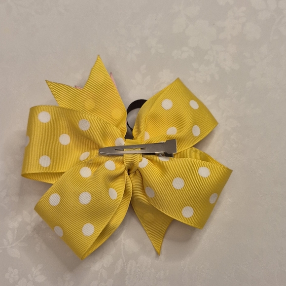 Bubblegum Pink and Yellow Polka Dot & Black Hair Bow Alligator Clip Tiny Callout - Picture 3 of 4